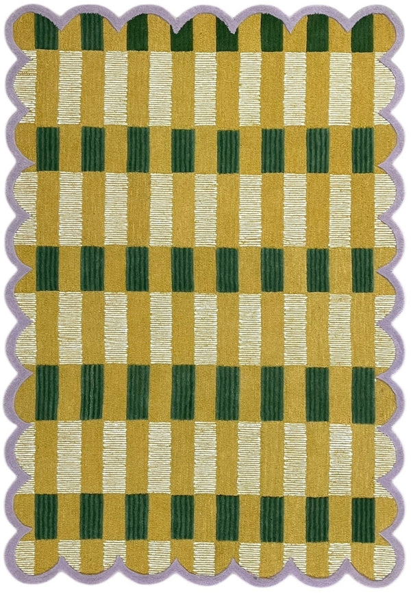 Matilda Hand-Tufted Gold Plaid Wool Rug with Scalloped Edge