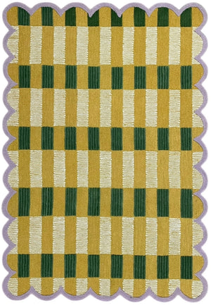 Gold Plaid Wool Rug with Scalloped Edge