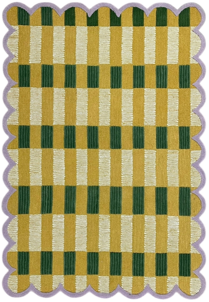 Hand-tufted plaid wool rug, repeating gold and green checks with scalloped edges