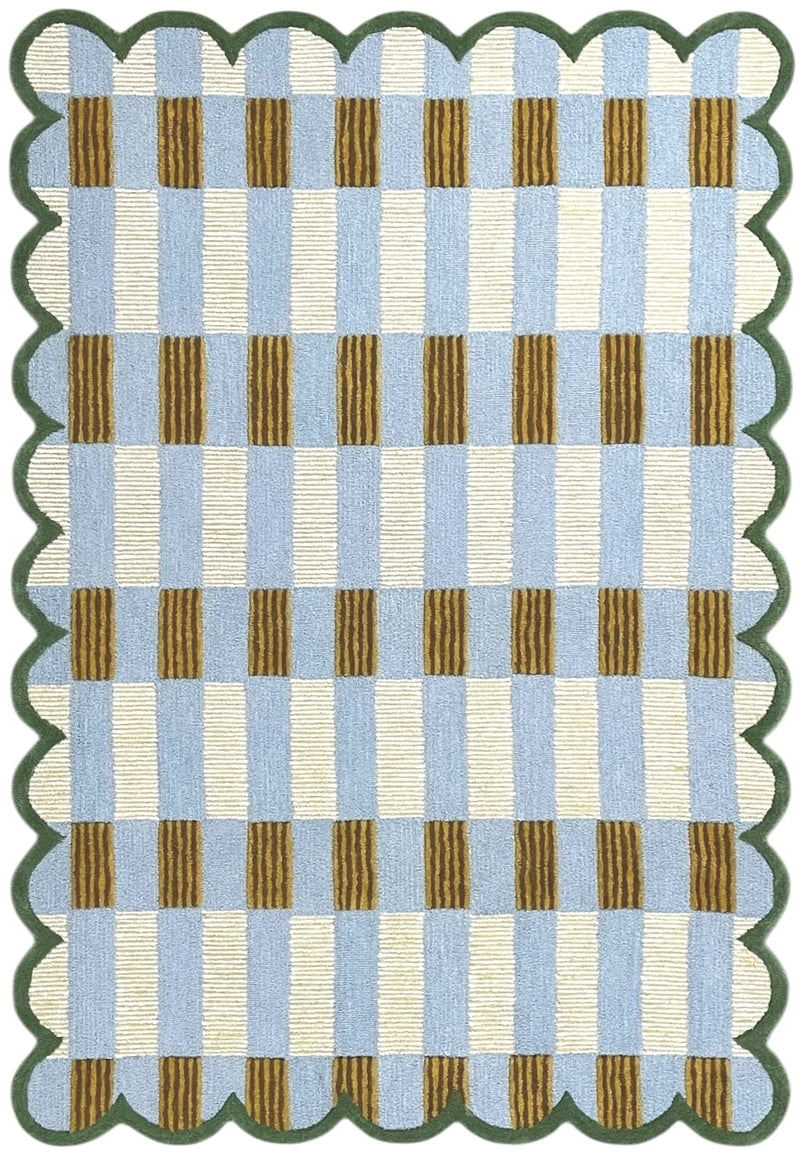 Matilda Hand-Tufted Blue Plaid Wool Rug with Scalloped Edge