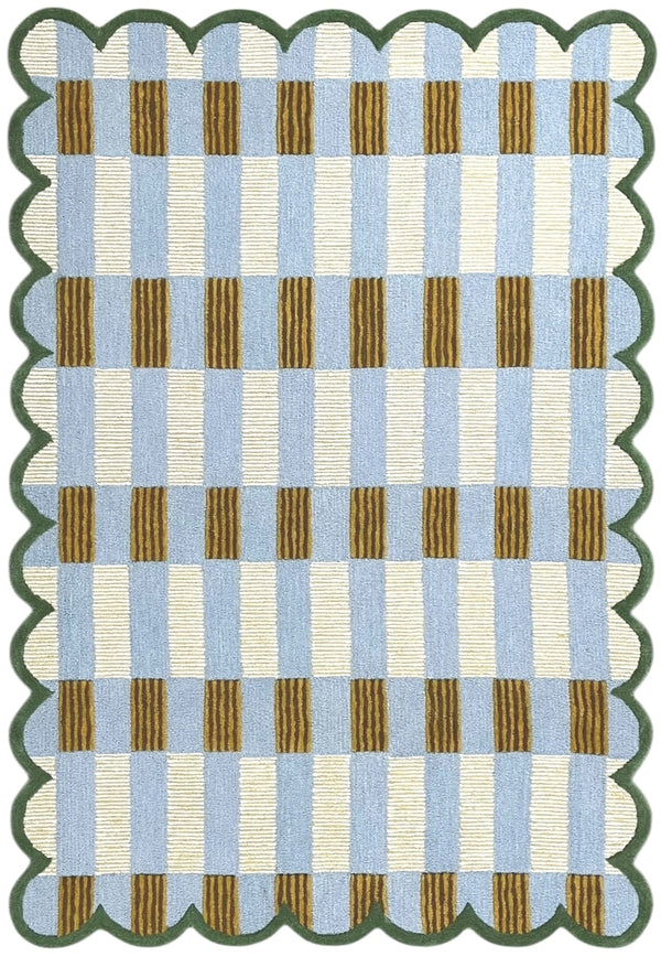 Matilda Hand-Tufted Blue Plaid Wool Rug with Scalloped Edge