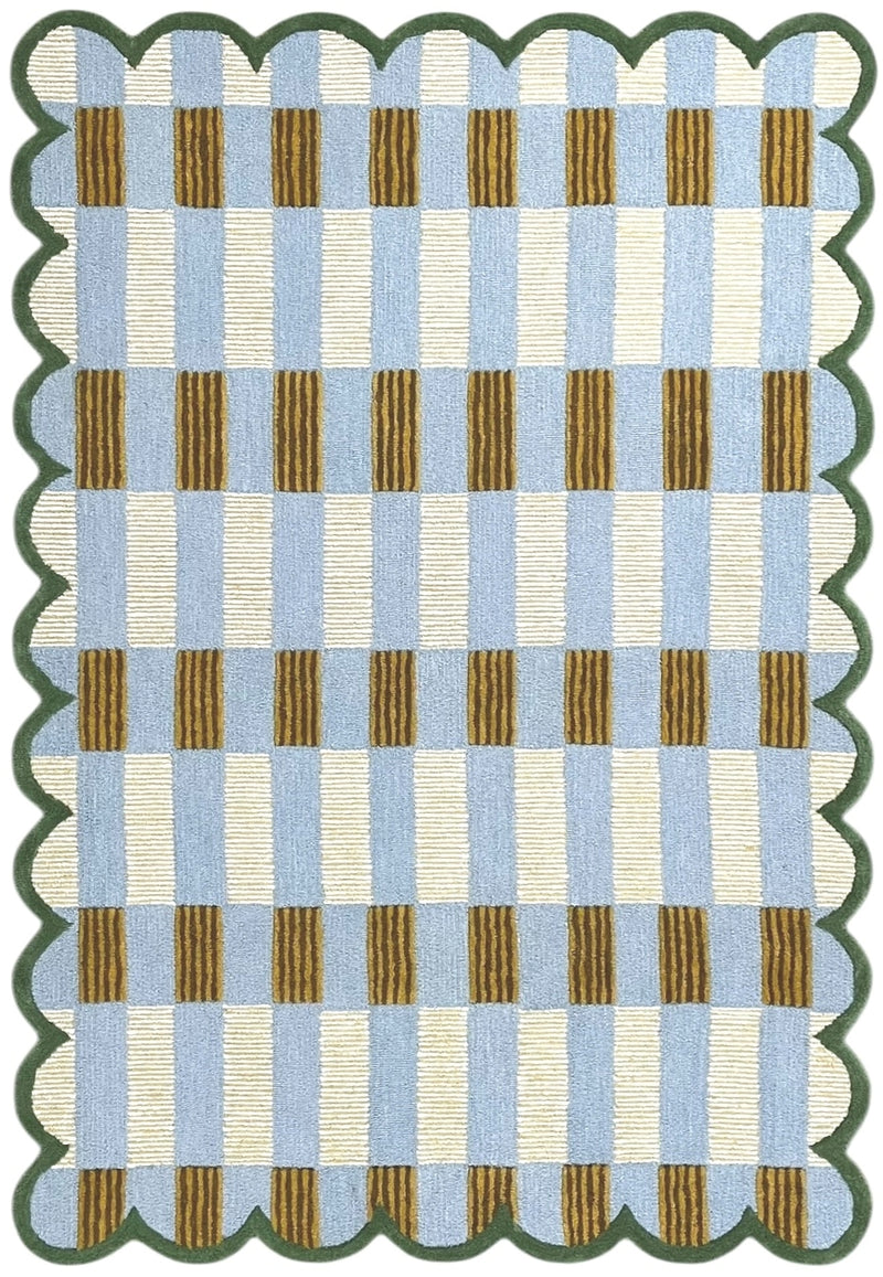 Matilda Hand-Tufted Blue Plaid Wool Rug with Scalloped Edge