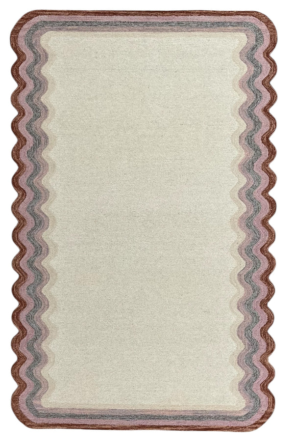 Scalloped Hand Tufted Loop Cut Wool Area Rug, Modern Beige Carpet