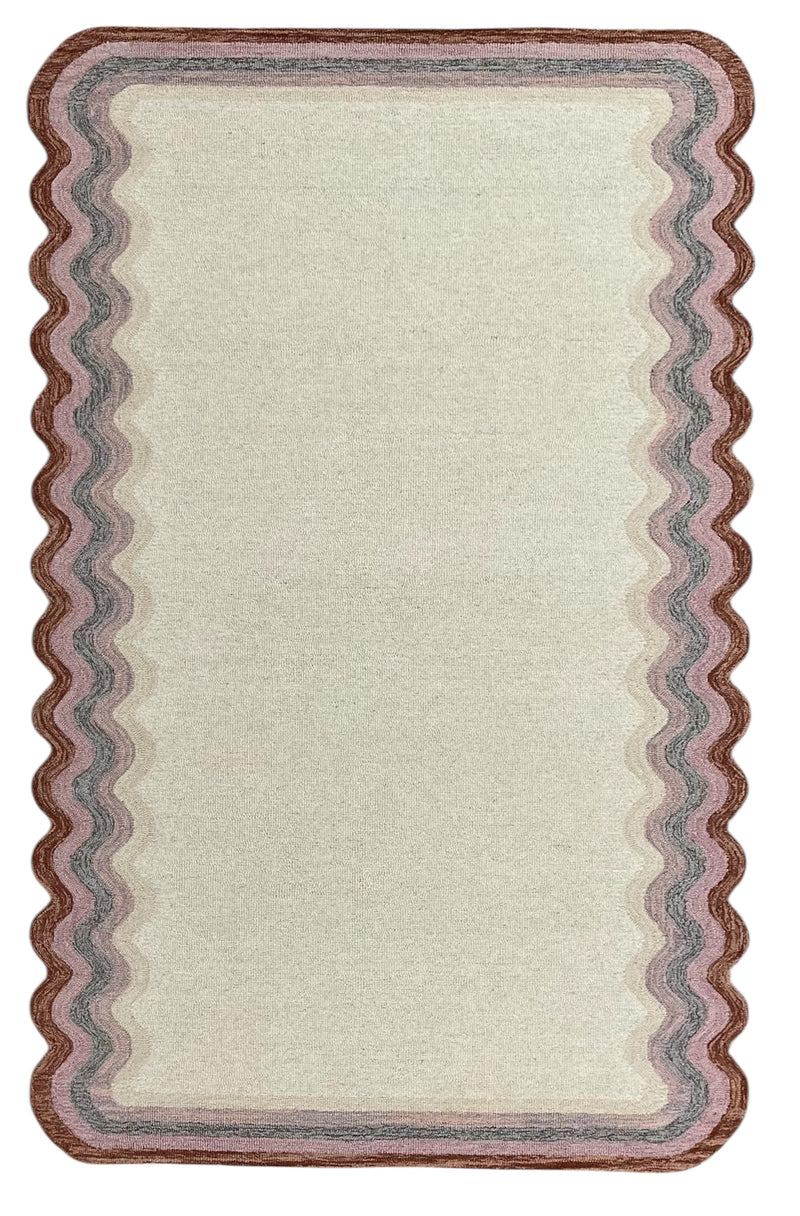 Scalloped Hand Tufted Loop Cut Wool Area Rug, Modern Beige Carpet