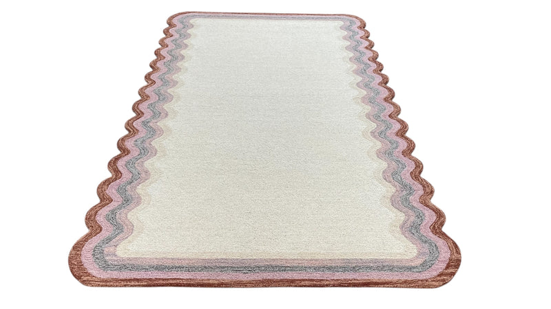 Scalloped Hand Tufted Loop Cut Wool Area Rug, Modern Beige Carpet