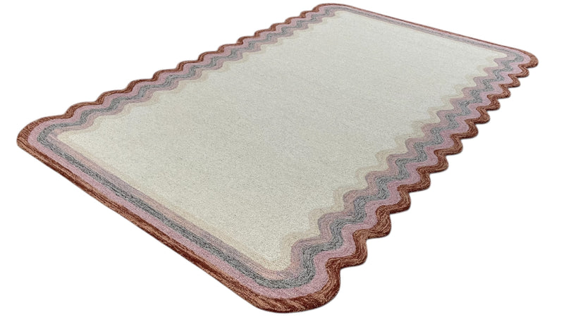 Scalloped Hand Tufted Loop Cut Wool Area Rug, Modern Beige Carpet