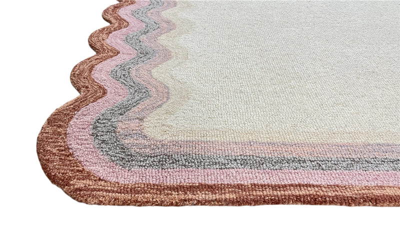 Scalloped Hand Tufted Loop Cut Wool Area Rug, Modern Beige Carpet