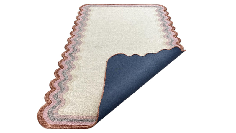 Scalloped Hand Tufted Loop Cut Wool Area Rug, Modern Beige Carpet