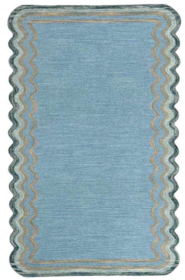 Scalloped Hand Tufted Loop Cut Wool Area Rug, Modern Blue Carpet