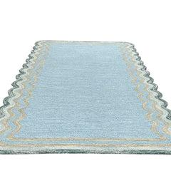Scalloped Hand Tufted Loop Cut Wool Area Rug, Modern Blue Carpet