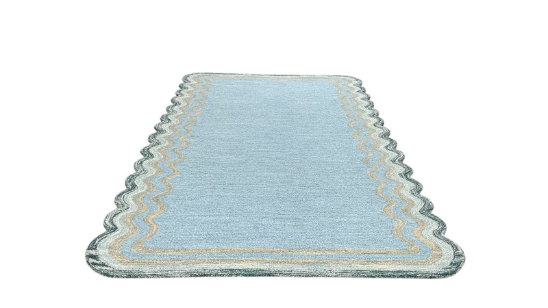 Scalloped Hand Tufted Loop Cut Wool Area Rug, Modern Blue Carpet