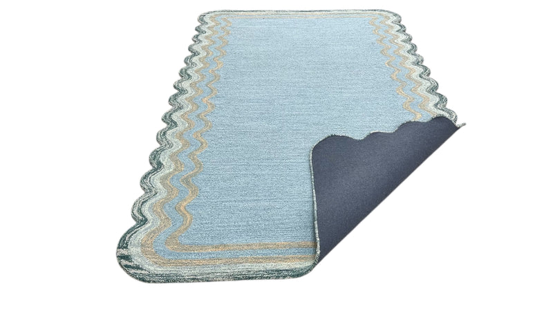 Scalloped Hand Tufted Loop Cut Wool Area Rug, Modern Blue Carpet