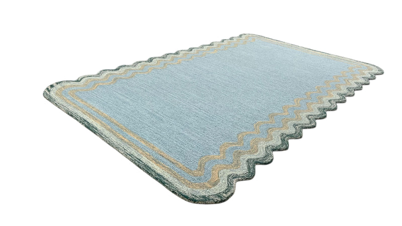 Scalloped Hand Tufted Loop Cut Wool Area Rug, Modern Blue Carpet