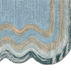 Scalloped Hand Tufted Loop Cut Wool Area Rug, Modern Blue Carpet