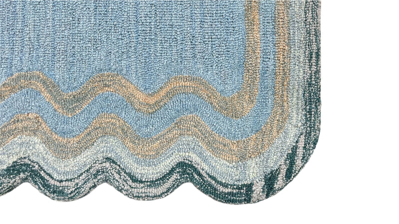 Scalloped Hand Tufted Loop Cut Wool Area Rug, Modern Blue Carpet