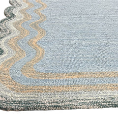 Scalloped Hand Tufted Loop Cut Wool Area Rug, Modern Blue Carpet