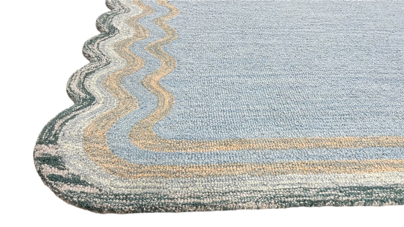 Scalloped Hand Tufted Loop Cut Wool Area Rug, Modern Blue Carpet