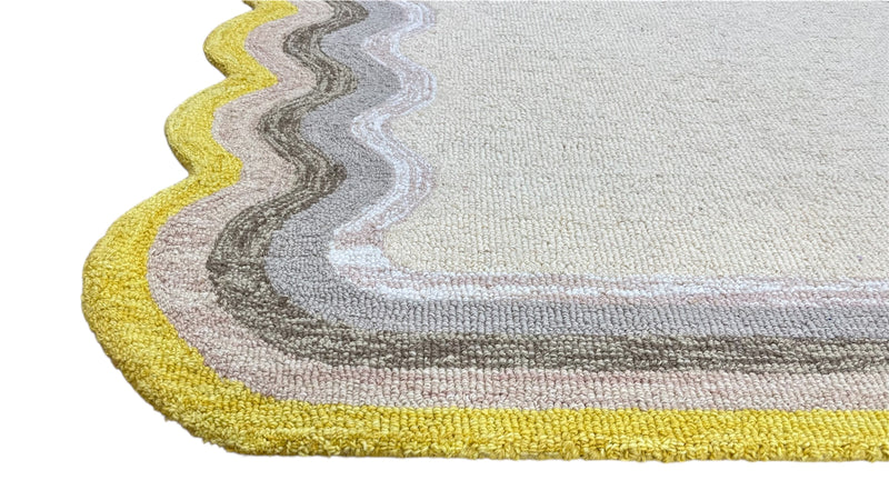 Scalloped Hand Tufted Loop Cut Wool Area Rug, Modern Ivory Carpet
