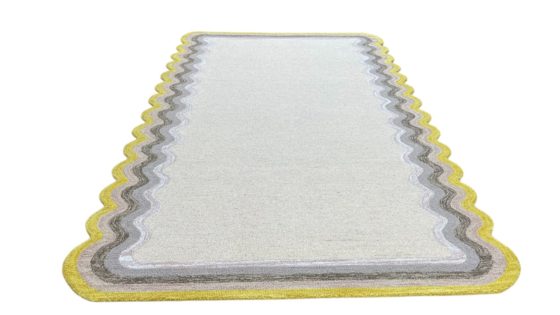 Scalloped Hand Tufted Loop Cut Wool Area Rug, Modern Ivory Carpet