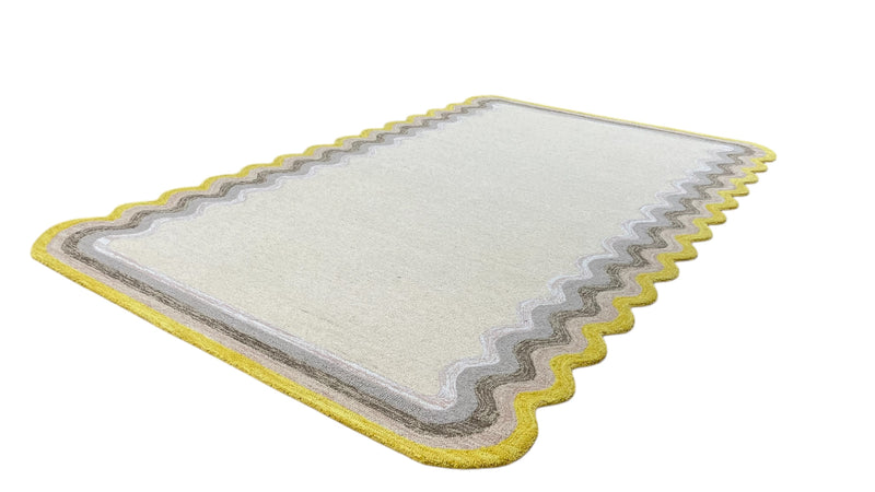 Scalloped Hand Tufted Loop Cut Wool Area Rug, Modern Ivory Carpet