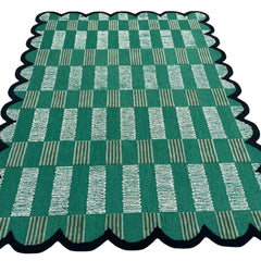 Matilda Hand-Tufted Emerald Green Plaid Wool Rug with Scalloped Edge