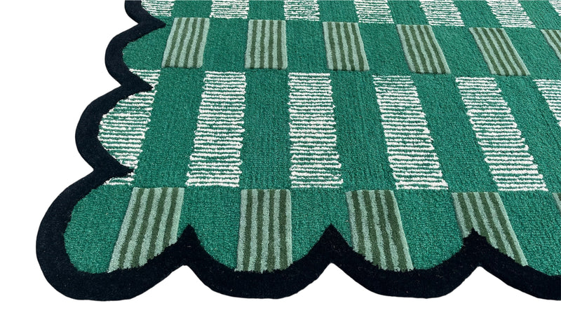 Matilda Hand-Tufted Emerald Green Plaid Wool Rug with Scalloped Edge
