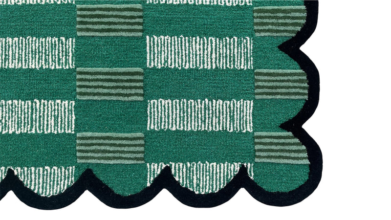 Matilda Hand-Tufted Emerald Green Plaid Wool Rug with Scalloped Edge