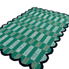 Matilda Hand-Tufted Emerald Green Plaid Wool Rug with Scalloped Edge