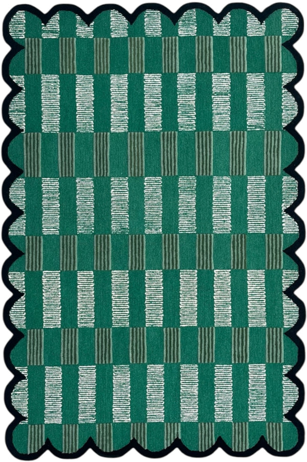 Matilda Hand-Tufted Emerald Green Plaid Wool Rug with Scalloped Edge