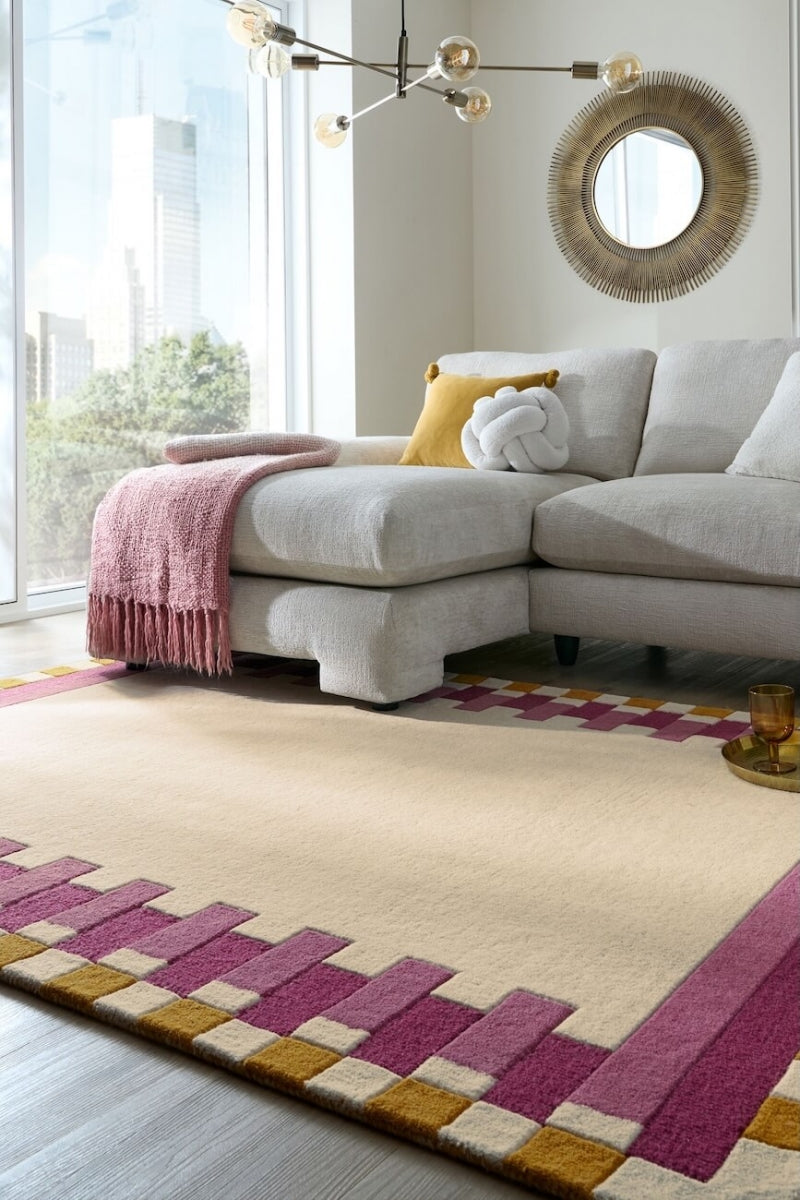 Kai Pink & Cream Area Rug – Hand Tufted Wool Border Design