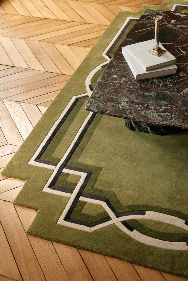 Lattice Hand-Tufted Olive Wool Rug | Geometric Border Design | Modern Statement Area Rug