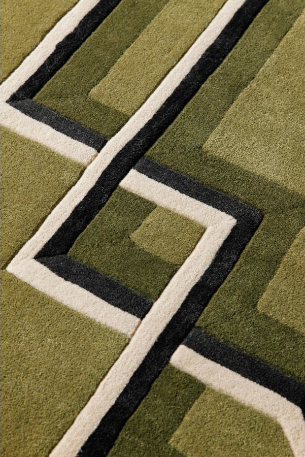 Lattice Hand-Tufted Olive Wool Rug | Geometric Border Design | Modern Statement Area Rug