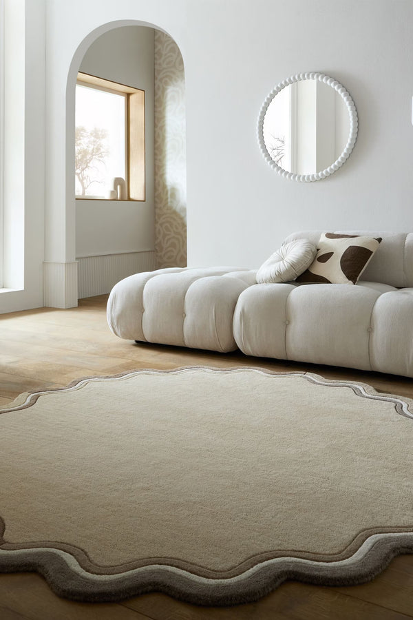 Ripple Round Scalloped Tufted Wool Rug - Neutral