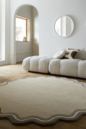 Round Scalloped Tufted Wool Rug - Neutral