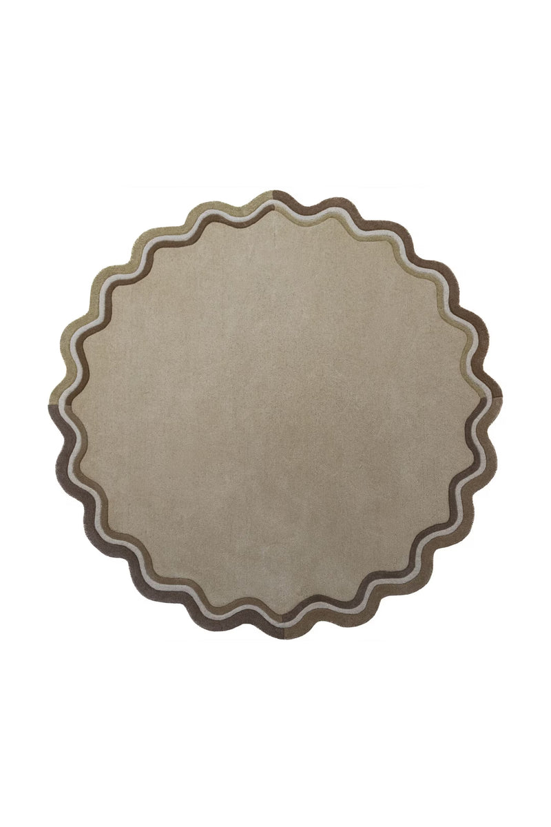 Ripple Round Scalloped Tufted Wool Rug - Neutral