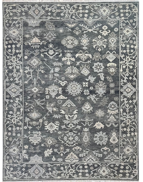 Logan Hand-Knotted Charcoal Wool Rug | Vintage Oushak-Inspired Floral Area Rug