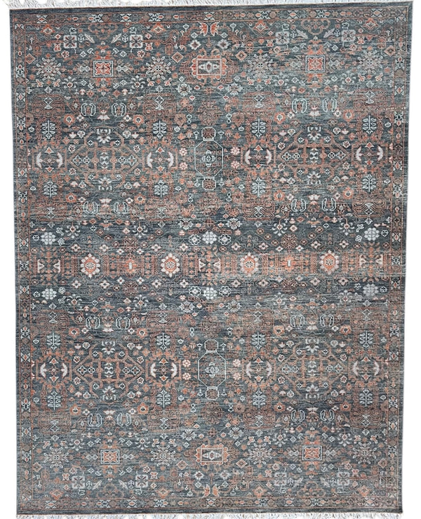 Hand Knotted Traditional Wool Rug – Charcoal & Rust Vintage Design