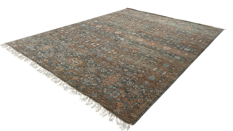 Hand Knotted Traditional Wool Rug – Charcoal & Rust Vintage Design