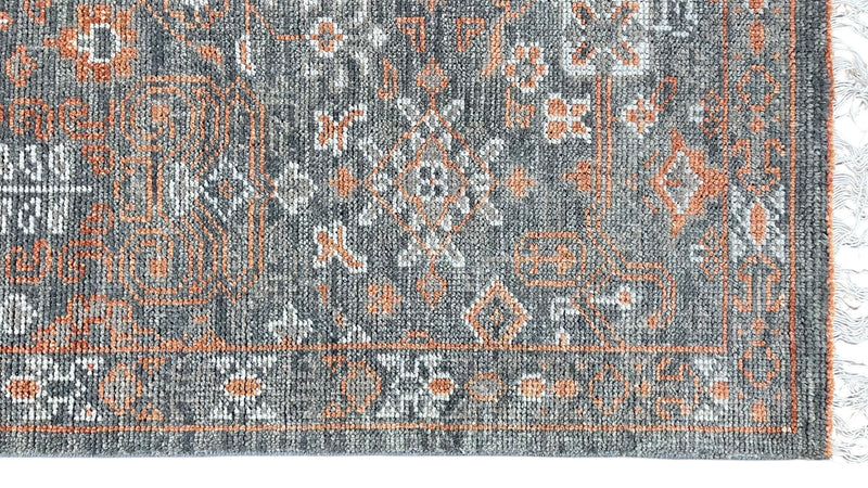 Hand Knotted Traditional Wool Rug – Charcoal & Rust Vintage Design