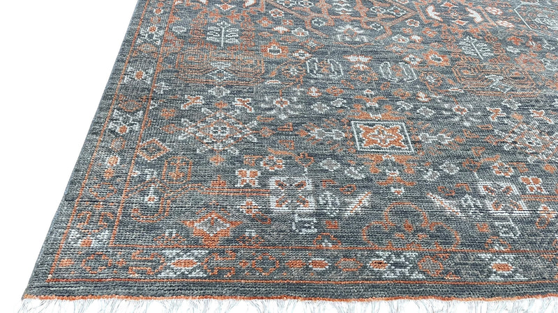 Hand Knotted Traditional Wool Rug – Charcoal & Rust Vintage Design