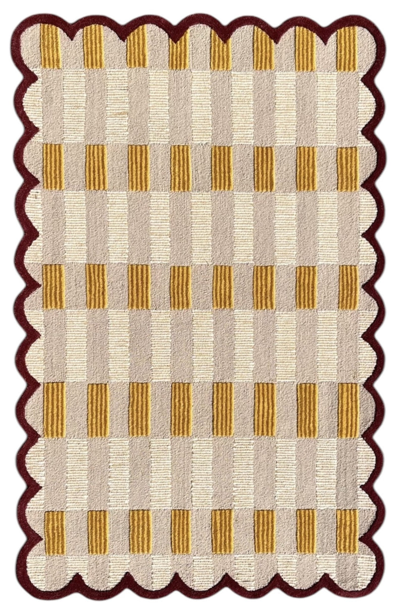 Matilda Hand-Tufted Sand Plaid Wool Rug with Scalloped Edge
