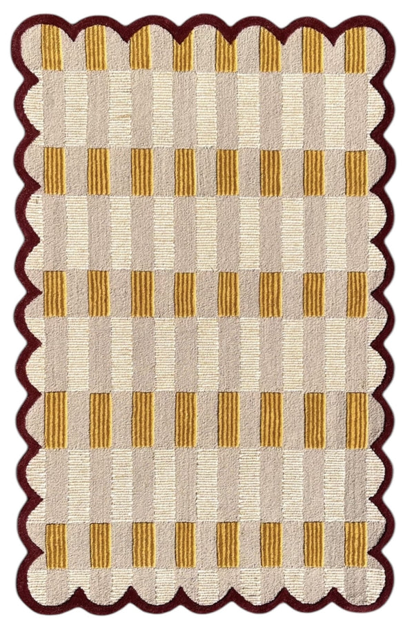 Matilda Hand-Tufted Sand Plaid Wool Rug with Scalloped Edge