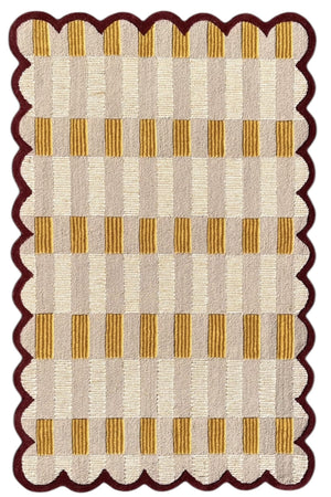 Sand Plaid Wool Rug with Scalloped Edge