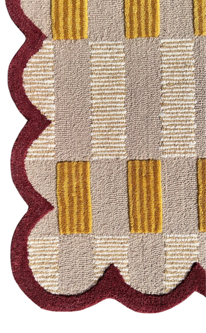 Matilda Hand-Tufted Sand Plaid Wool Rug with Scalloped Edge