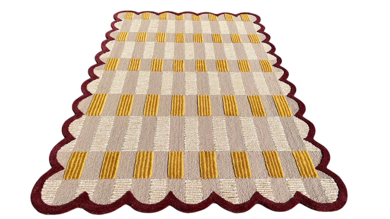 Matilda Hand-Tufted Sand Plaid Wool Rug with Scalloped Edge