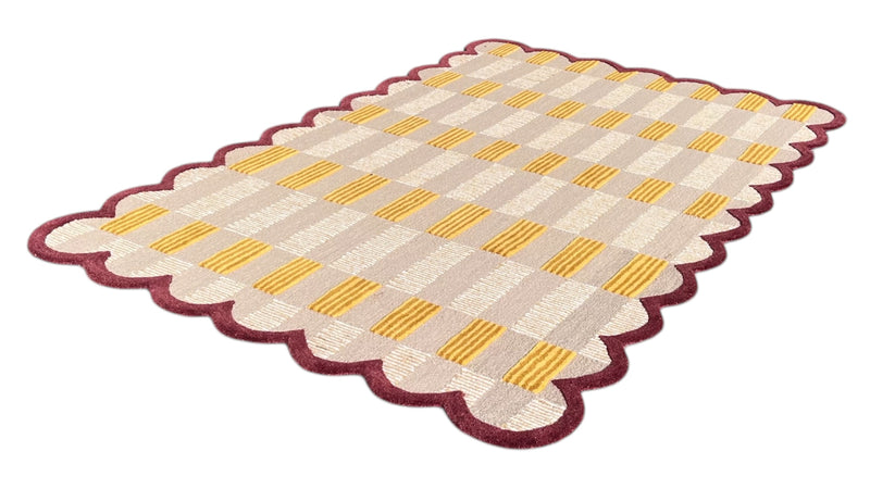 Matilda Hand-Tufted Sand Plaid Wool Rug with Scalloped Edge
