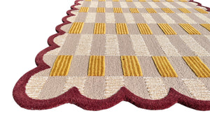 Sand Plaid Wool Rug with Scalloped Edge