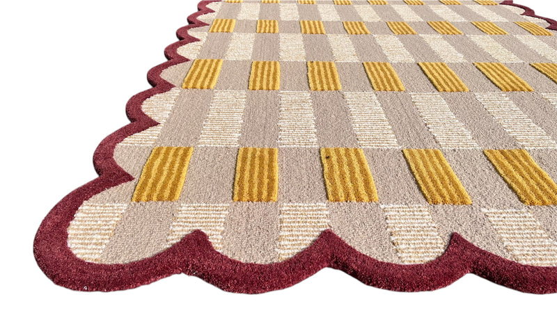 Matilda Hand-Tufted Sand Plaid Wool Rug with Scalloped Edge