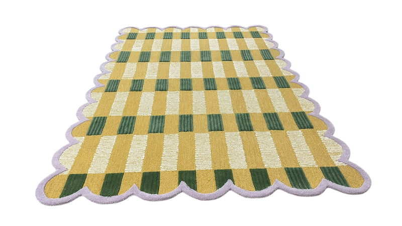 Matilda Hand-Tufted Gold Plaid Wool Rug with Scalloped Edge