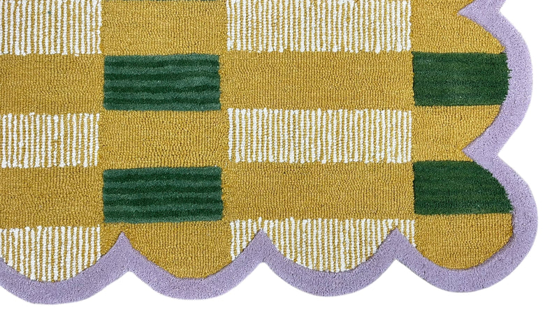 Matilda Hand-Tufted Gold Plaid Wool Rug with Scalloped Edge